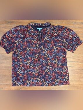 Draper James Navy Floral Tie-Front Puff Sleeve Blouse with Red & Yellow Flowers